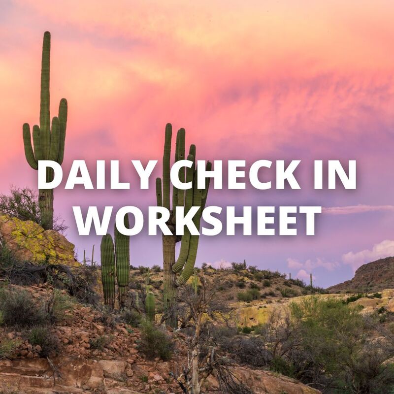 "daily check in worksheet" superimposed on a photo of seguro cacti and a pink sky